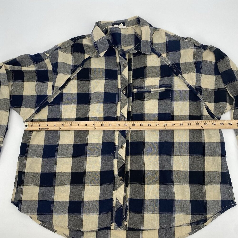 Easel Womens Small Plaid Frayed Oversized Shirt Beige Black Navy - Picture 4 of 10
